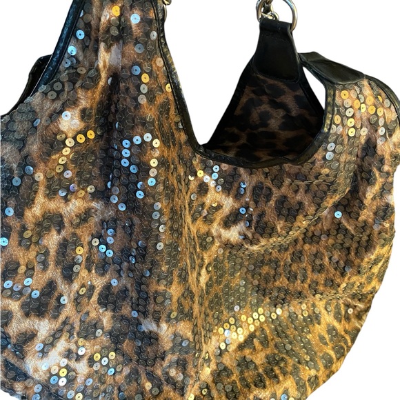 Leopard Print Women's tote XL y2k shoulder bag sequin’s side heavy chain straps - Picture 7 of 12